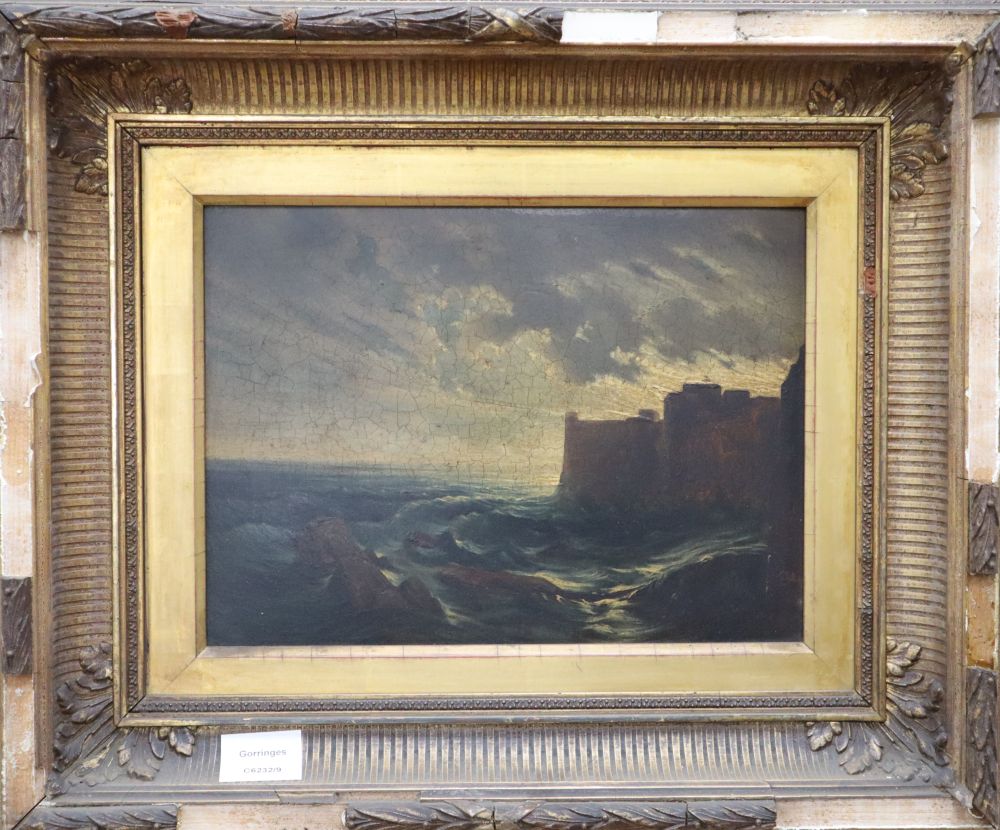 19th century English School, oil on mill board, Coastal landscape with castle, 22 x 30cm